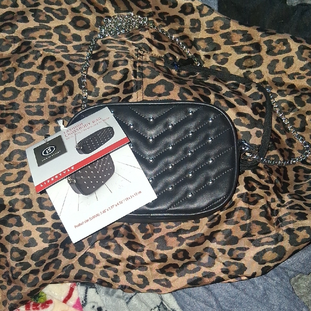 Black Quilted Crossbody Bag with Chain Strap - Stud Detail